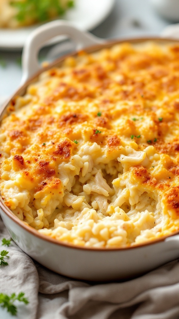 Creamy chicken and rice casserole in a baking dish.