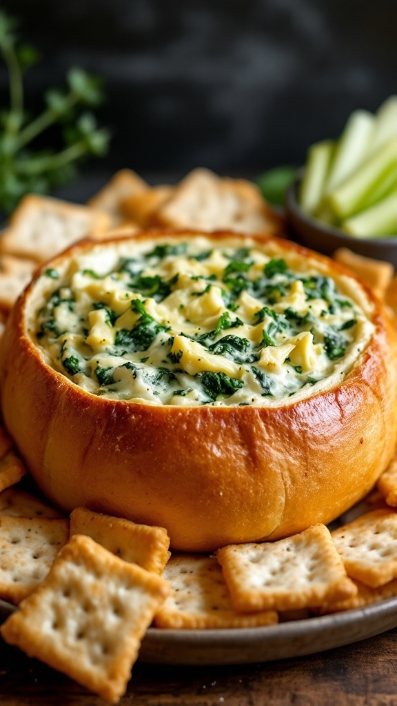 Creamy spinach and artichoke dip served in a bread bowl with crackers and celery sticks.