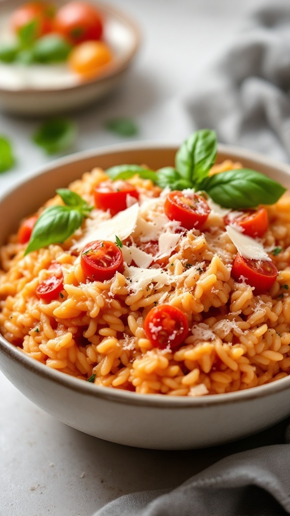 A bowl of creamy tomato basil risotto topped with cherry tomatoes and fresh basil.