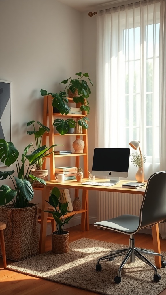 A cozy home office setup with plants, a wooden desk, and a soft rug.