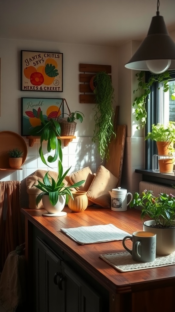 A cozy kitchen featuring plants, DIY decor elements, and a wooden table