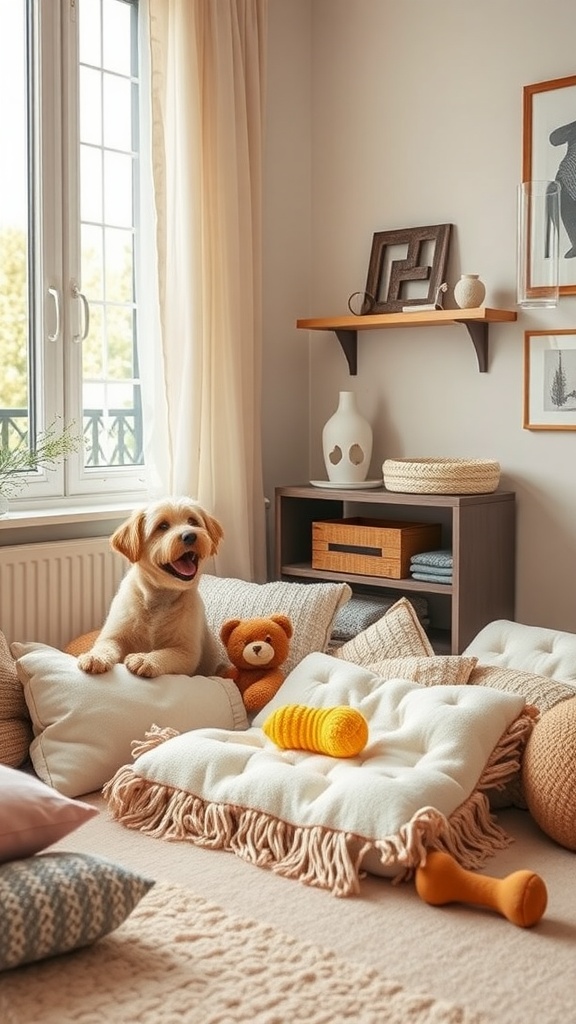 A cozy pet corner with a dog surrounded by cushions and toys.