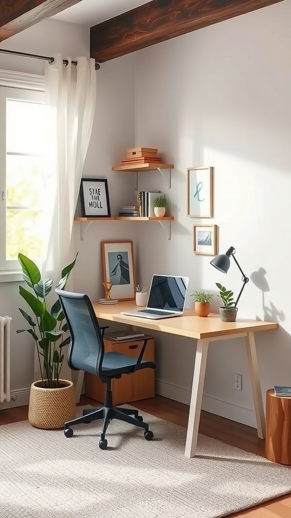 A cozy workspace featuring a wooden desk, a comfortable chair, shelves with decorative items, and plants.