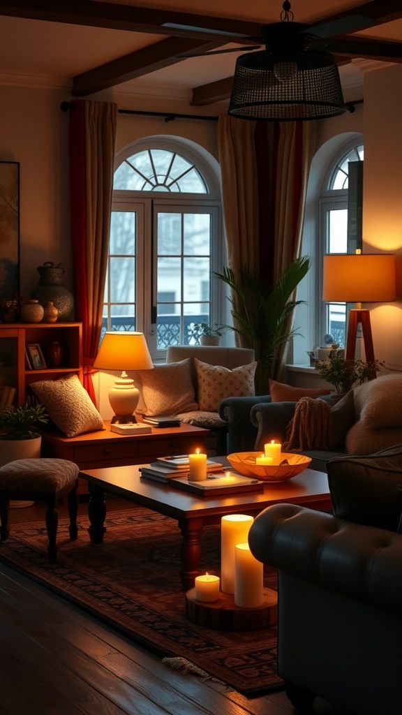 A cozy living room with soft lighting, candles, and comfortable seating.