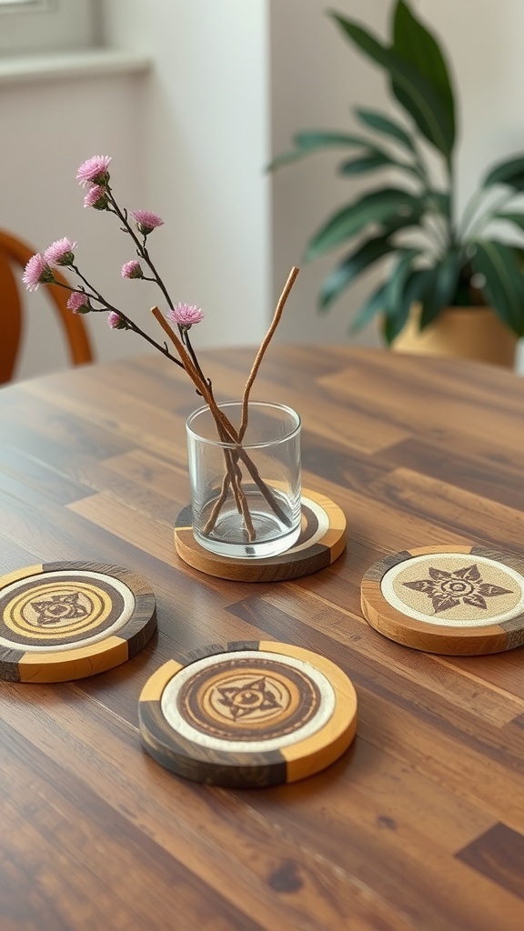 Handmade wooden coasters on a table with a glass vase and pink flowers.