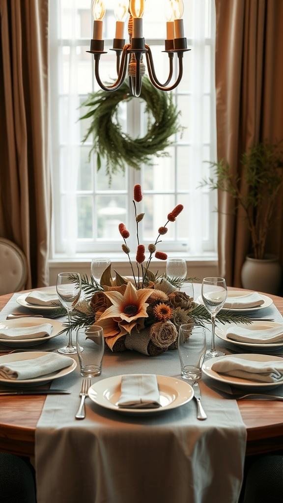 A cozy dining table set up with a floral centerpiece and elegant tableware.