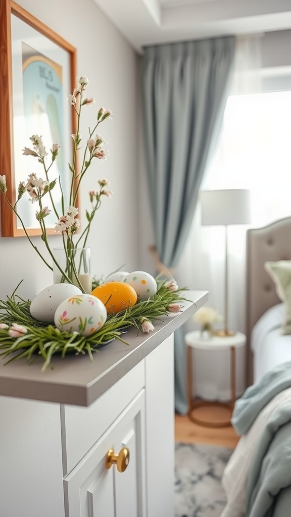 A cozy bedroom corner featuring decorative eggs and flowers on a shelf.