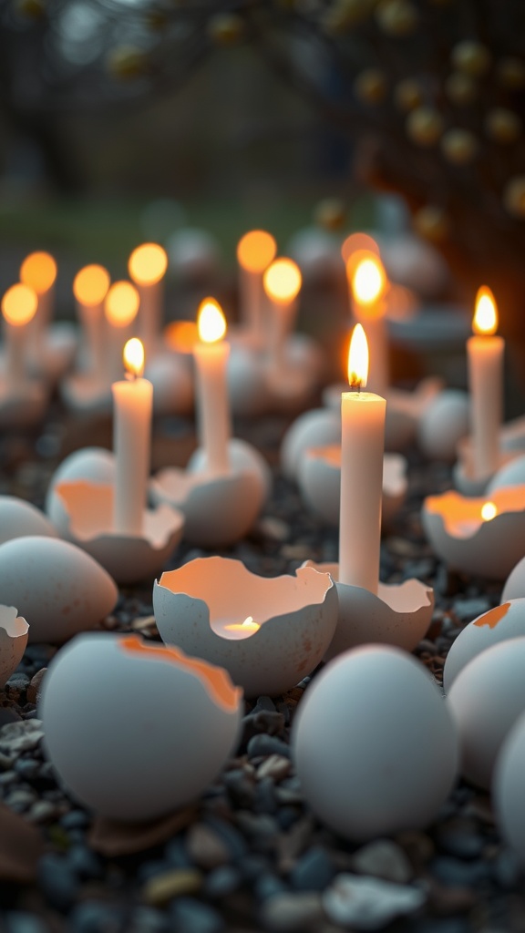 Eggshell candle holders with candles lit, surrounded by more eggshells on a gravel surface