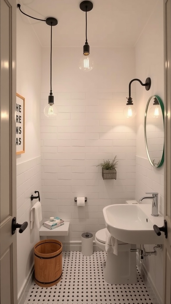 Small bathroom with creative lighting using hanging bulbs and wall sconces.