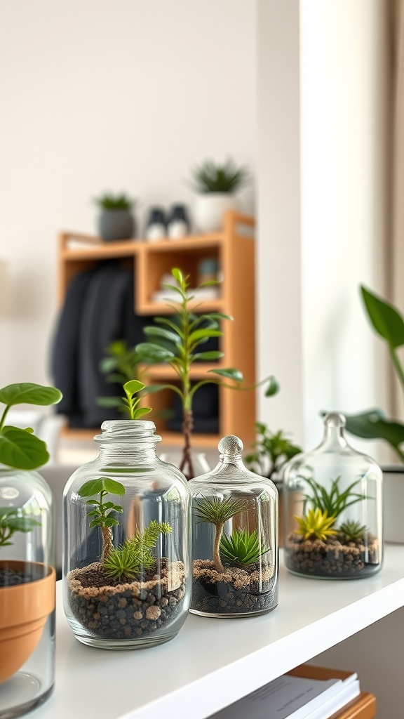 A collection of creative terrariums with various plants in glass containers.