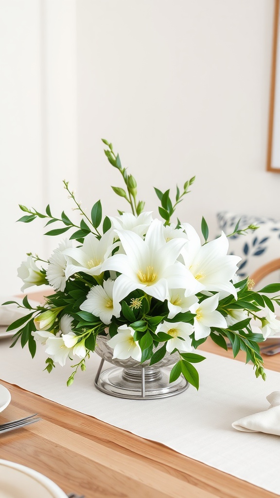 A white floral centerpiece with green leaves in a silver bowl on a dining table.