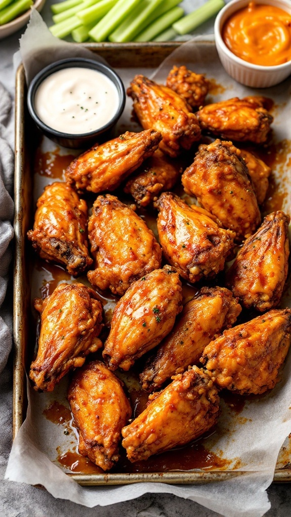 A platter of crispy baked chicken wings with dipping sauces and celery sticks.