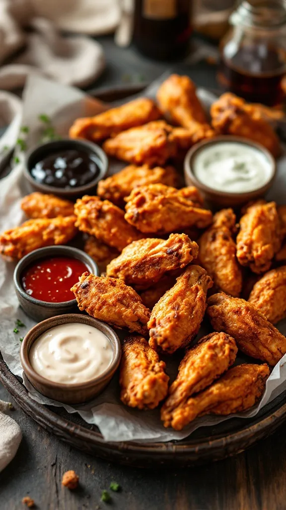 A platter of crispy chicken wings with various dipping sauces.