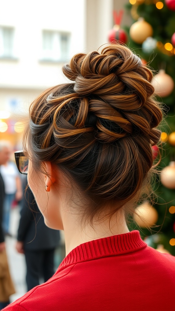 A woman with a curly high bun hairstyle, wearing a red sweater, standing in a festive setting.