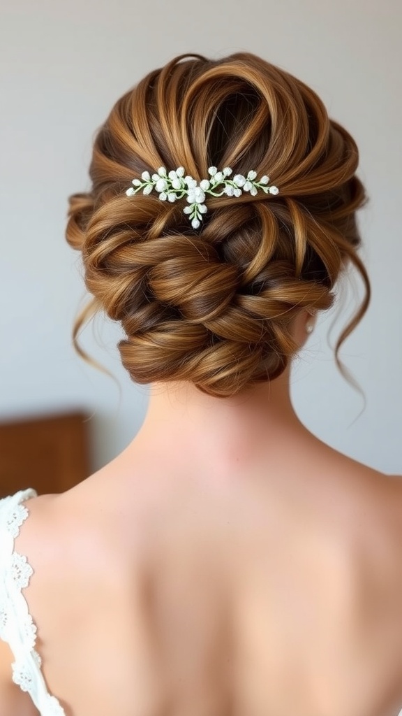 A curly updo hairstyle adorned with a floral hairband, showcasing elegant curls.