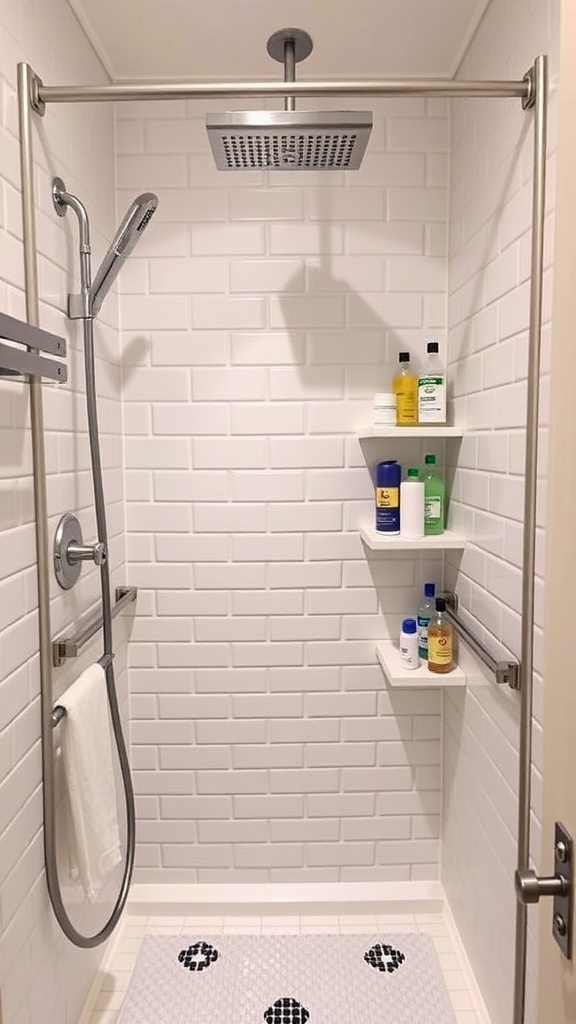 A modern shower with white tiles and customizable shelves holding various bottles.