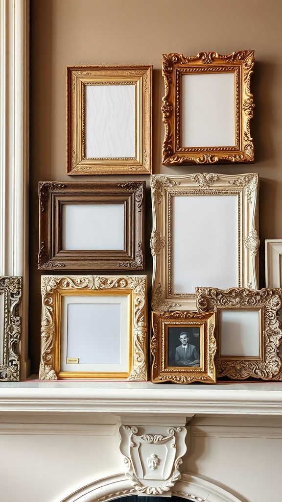 A collection of various ornate picture frames in different colors and sizes.