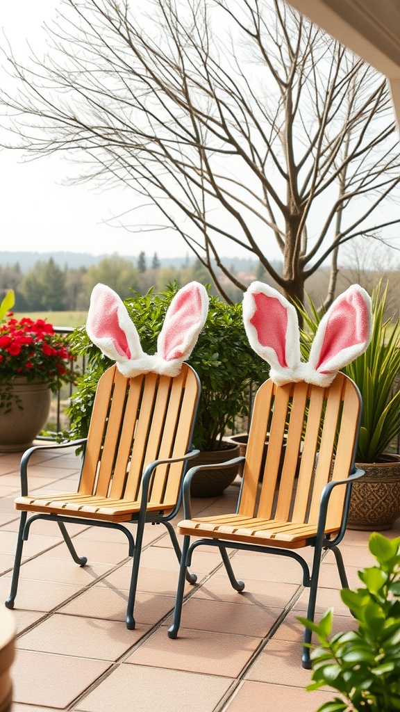 Two outdoor chairs with bunny ear covers in a garden setting