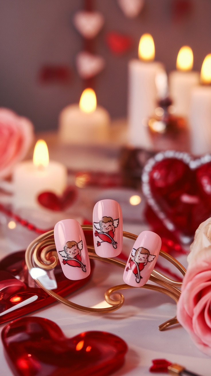 Close-up of pink nails with cute Cupid designs, surrounded by romantic decor.