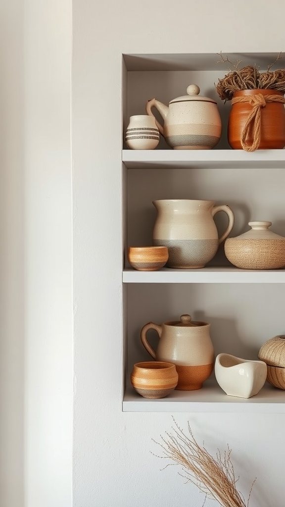 A shelf displaying various handmade pottery pieces in warm tones.