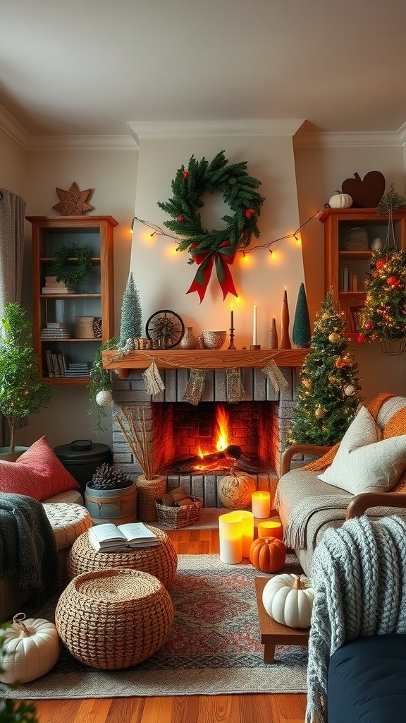 A cozy room decorated with seasonal elements like pumpkins, greenery, and warm lighting.