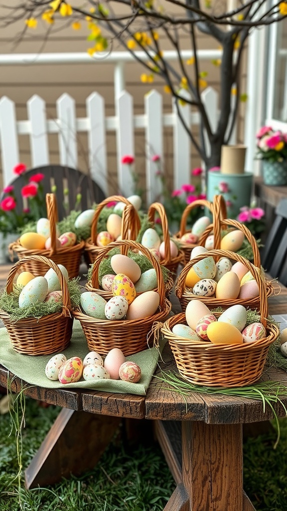 A collection of decorative Easter egg baskets filled with colorful eggs displayed on a wooden table in a garden.