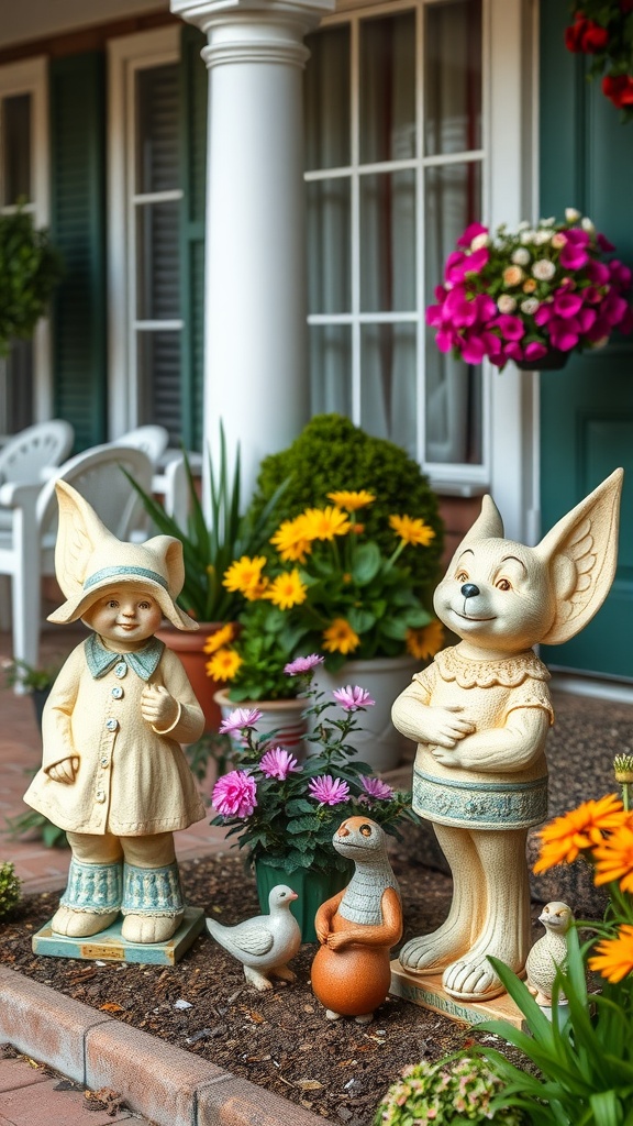 A front porch decorated with colorful flowers and charming garden statues of a girl and an animal.