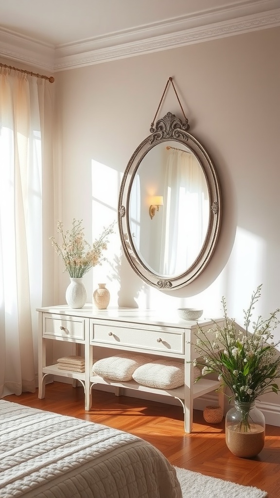 A well-lit bedroom featuring a decorative mirror, a light wood console table, and floral decor.