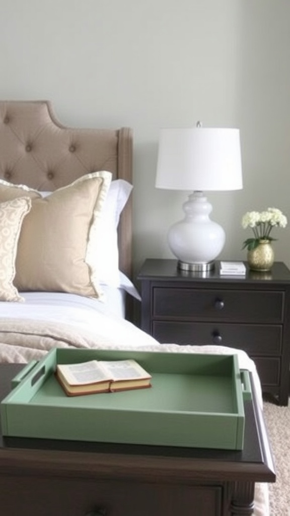 A sage green tray on a bedside table holding a book in a bedroom with sage green and neutral tones.