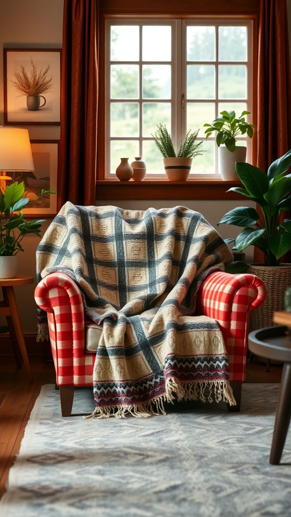 A cozy red checkered chair with a decorative throw blanket draped over it in a bright living room setting.