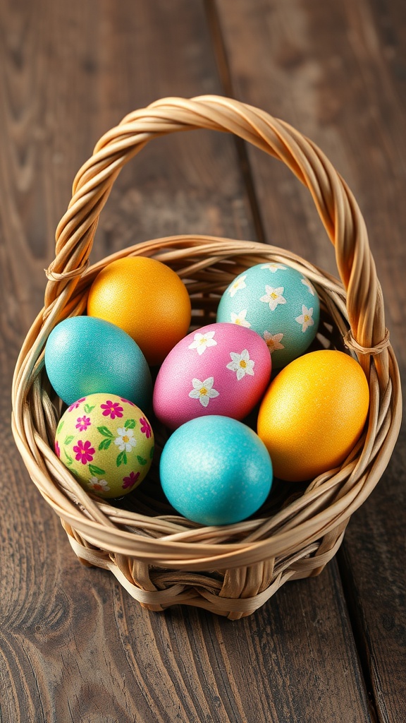 A decorative basket filled with colorful Easter eggs on a wooden surface.