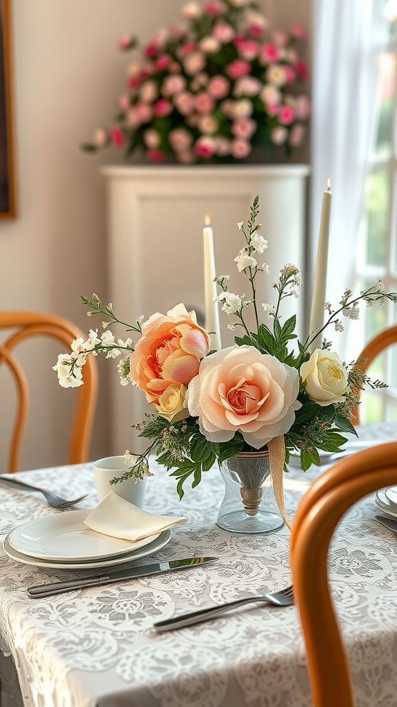 A beautifully arranged floral centerpiece with lace table setting.