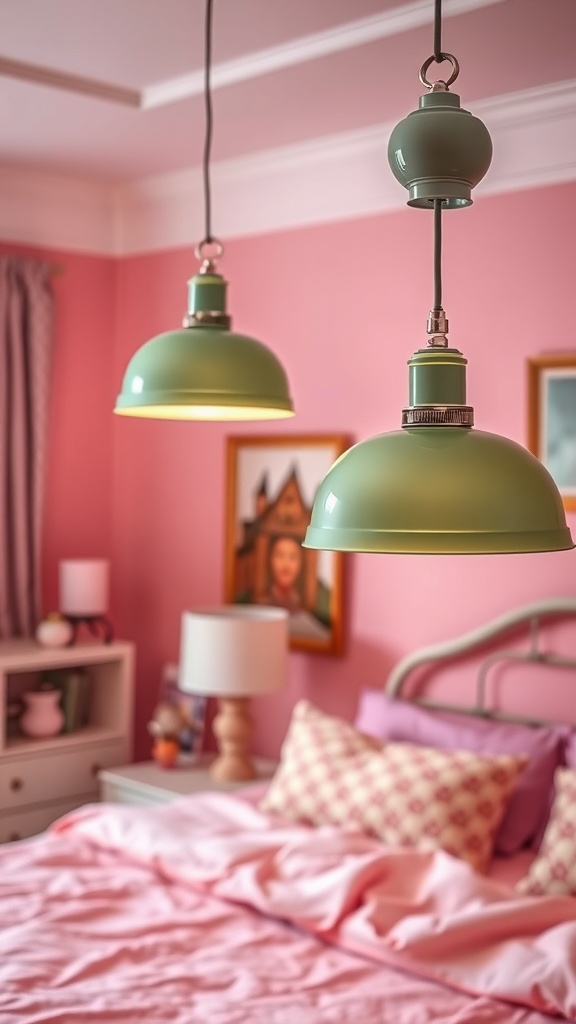 Delicate lighting fixtures in a pale pink and sage green bedroom