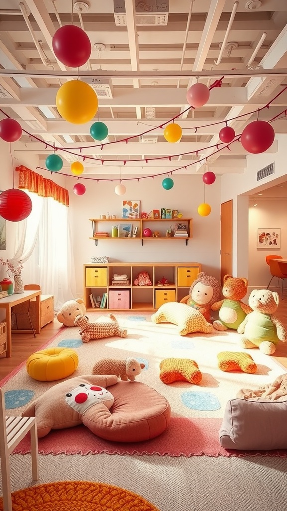 A cozy child's play area filled with colorful balloons, plush toys, and soft seating.