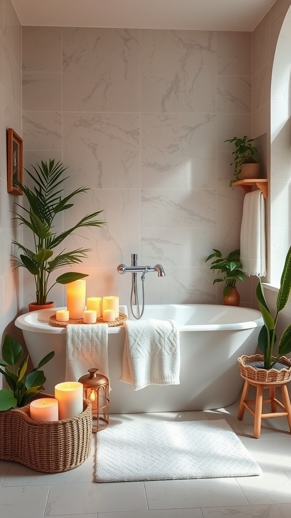 Cozy bathroom with candles, plants, and soft towels