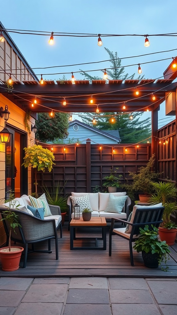 A cozy outdoor seating area with string lights and plants.