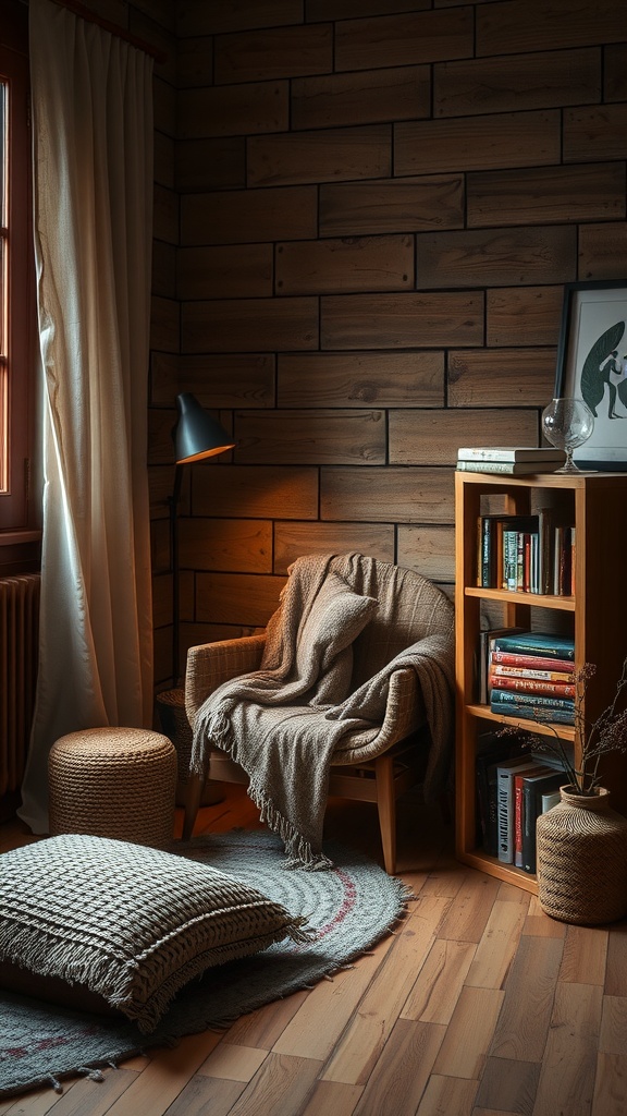 A cozy reading nook with a chair, blanket, and bookshelves.