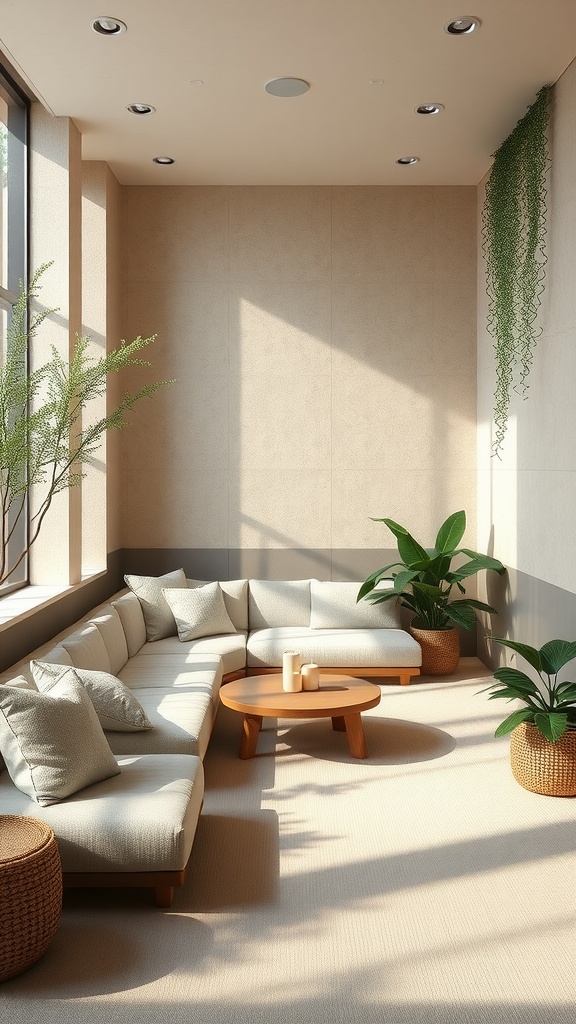 A cozy relaxation space featuring a comfortable corner sofa, a round wooden table, and plants, bathed in natural light.