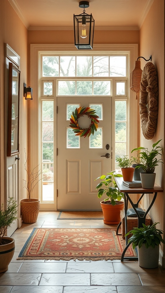 A cozy entryway featuring a welcoming front door with a wreath, potted plants, and a decorative rug.