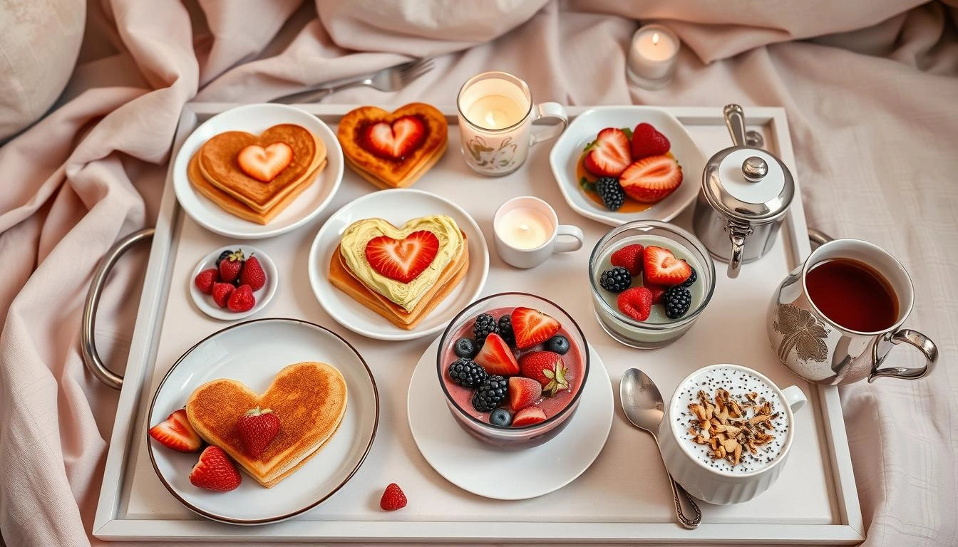 A breakfast tray with heart pancakes, avocado toast, berry smoothie bowls, chia pudding with fruits and nuts, and herbal teas, elegantly arranged with linens and candlelight. All items are vegan/gluten-free.