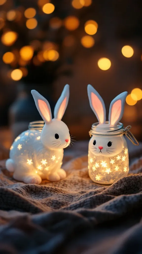adorable mason jar lanterns decorated as bunnies, glowing softly in a dimly lit room