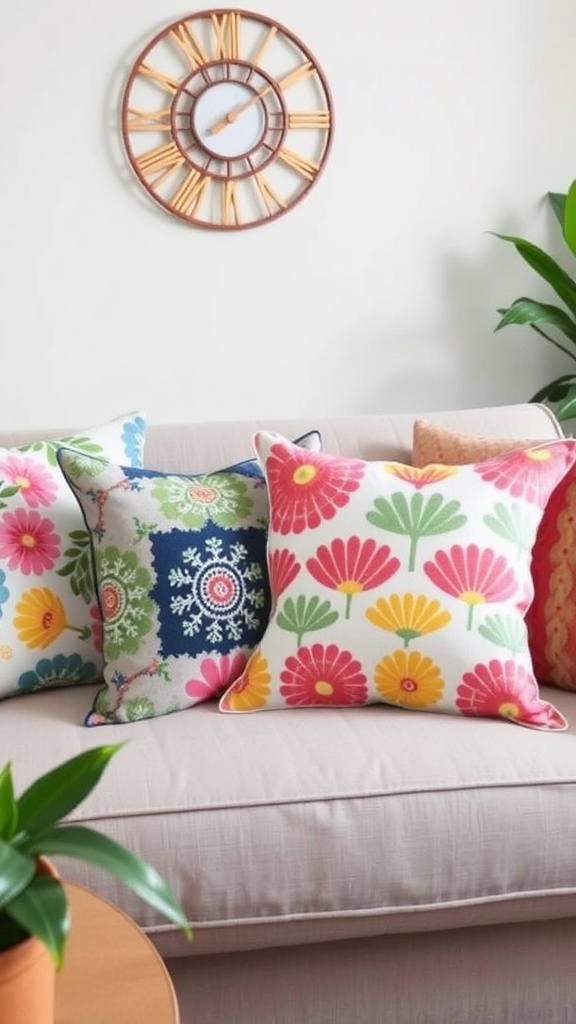 A cozy living room with colorful DIY cushion covers on a beige couch.