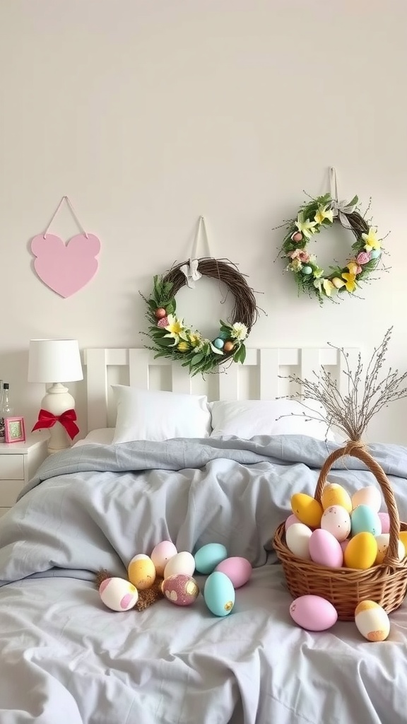 Cozy bedroom decor with Easter wreaths and colorful eggs on the bed.