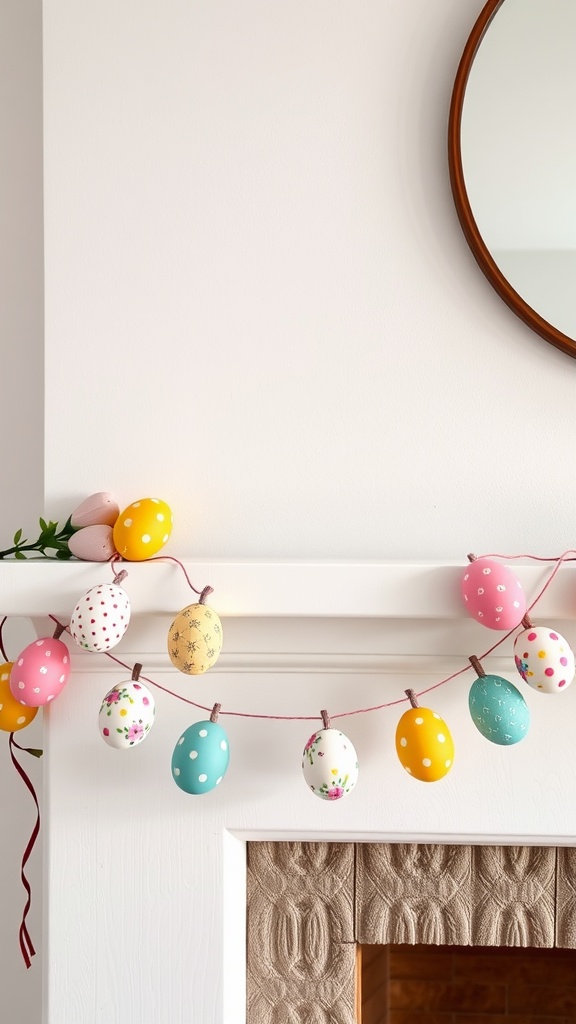 Colorful Easter egg garland hanging on a mantel with a mirror above.