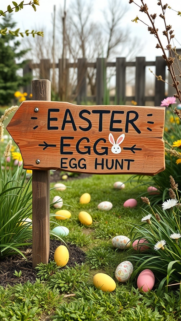 A wooden sign for an Easter egg hunt in a garden with colorful eggs scattered around.