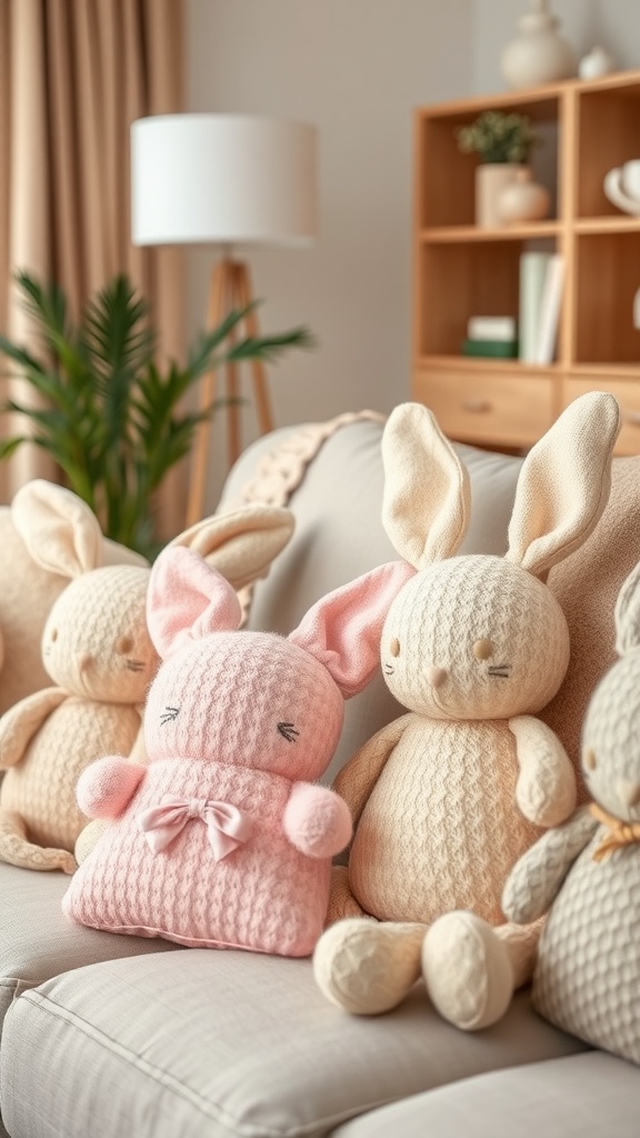 A cozy living room scene featuring cute fabric bunny pillows in soft colors.