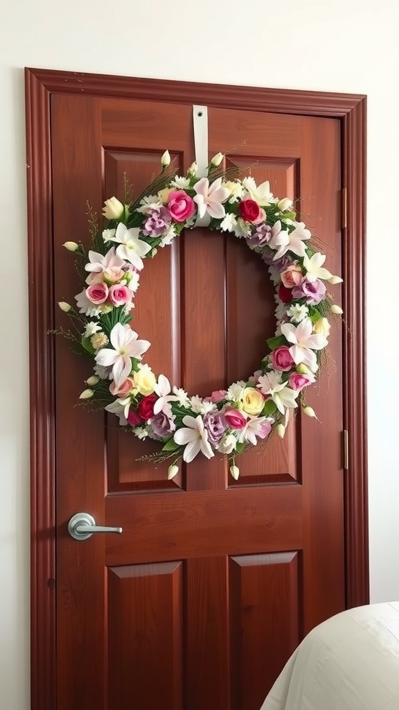 A colorful floral wreath hanging on a wooden door