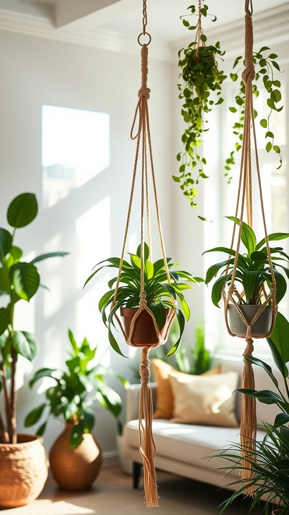 Two macramé plant hangers with vibrant green plants in a sunlit living room