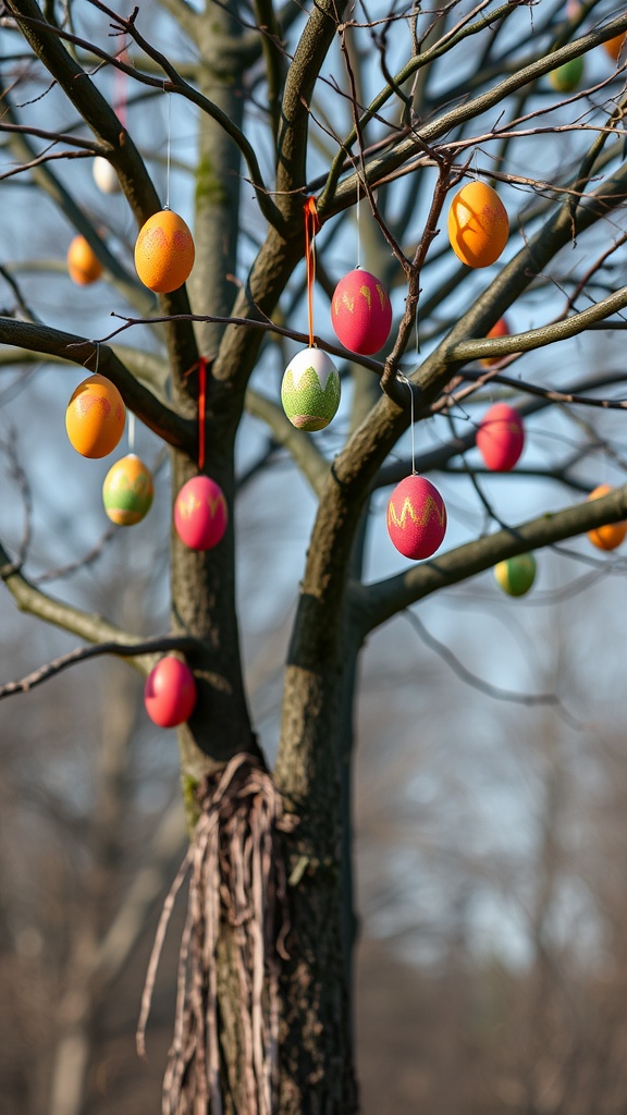 A tree decorated with painted Easter eggs in various colors.