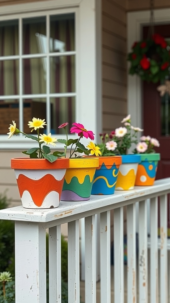 Colorful DIY painted flower pots with flowers on a porch railing